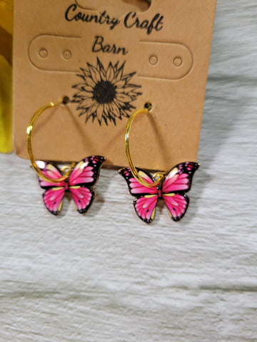 Dangling Butterfly - Pink Country Craft Barn Earrings (#044)