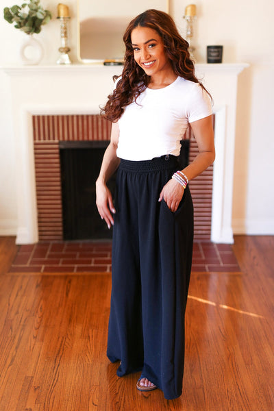 Everyday Black Smocked Waist Palazzo Pants