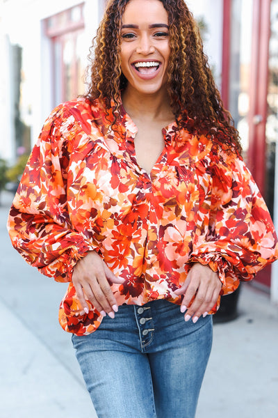 Fall Vibes Rust Floral Print Notched Neck Smocked Satin Top