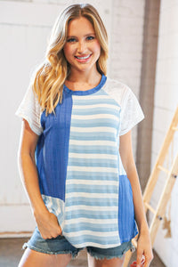 Blue Rib Terry Lace & Stripe Color Block Top