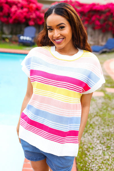 Feeling Playful Blue & Fuchsia Striped Short Dolman Sleeve Knit Top