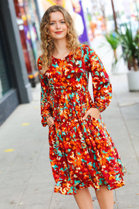 Burgundy & Jade Floral Print Midi Dress