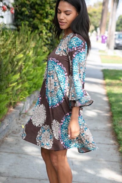 Geo Paisley Print Ruffle Sleeve Pocketed Dress