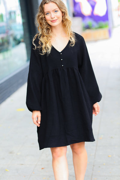 Black Woven Waffle V Neck Babydoll Dress