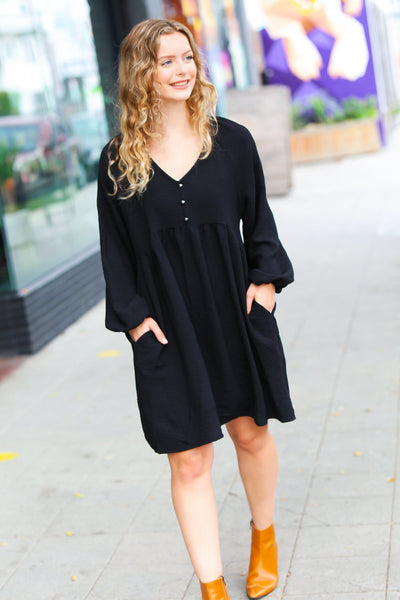 Black Woven Waffle V Neck Babydoll Dress