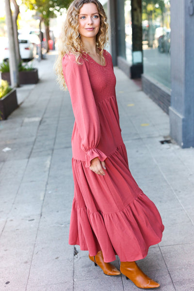 Beautiful You Lock Eyes Marsala Smocked Ruffle Sleeve Maxi Dress