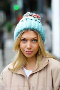 Teal Multicolor Cable Knit Pom-Pom Beanie