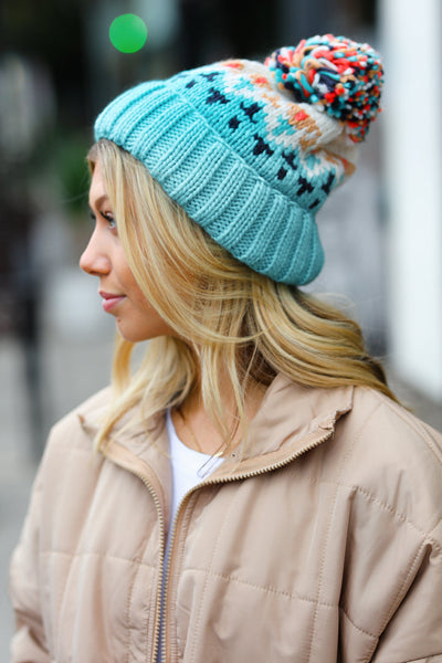 Teal Multicolor Cable Knit Pom-Pom Beanie