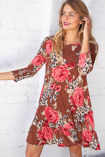 Rose Leopard Print Racer Back Ruffle Hem Dress