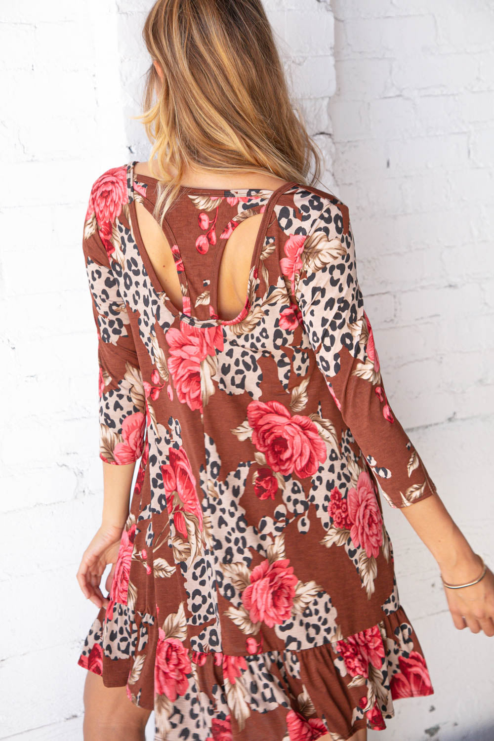 Rose Leopard Print Racer Back Ruffle Hem Dress