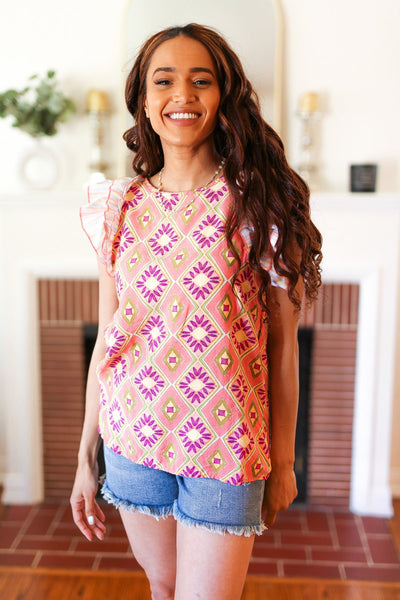 Seize The Day Peach Boho Print Frill Sleeve Keyhole Back Top