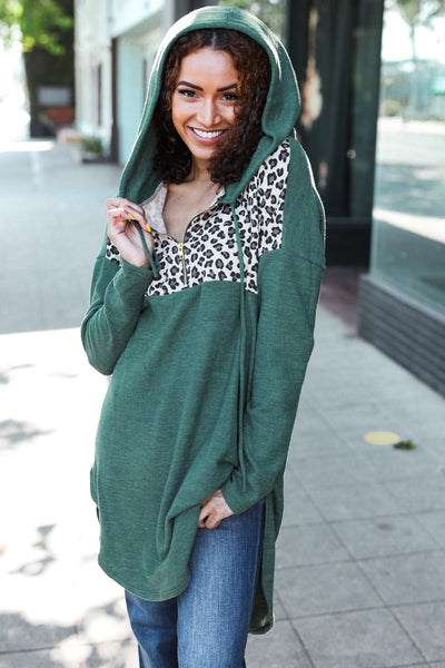 Diva Dreams Olive Leopard Print Half Zip Longline Hoodie