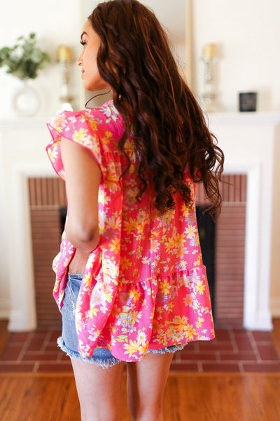 Diva Pink Floral Yoke Flutter Sleeve Keyhole Back Top