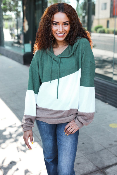 Feeling Joyful Olive & Ivory Color Block Hacci Knit Hoodie