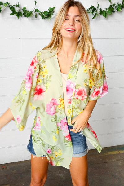 Sage Floral Print Chiffon Cover Up Kimono