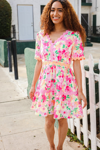 Beautiful You Rose Floral Print Ric Rack Trim Babydoll Dress