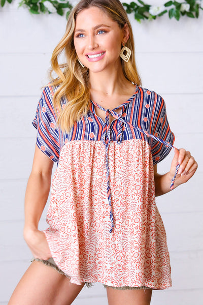 Navy & Coral Boho Tie Neck Dolman Top