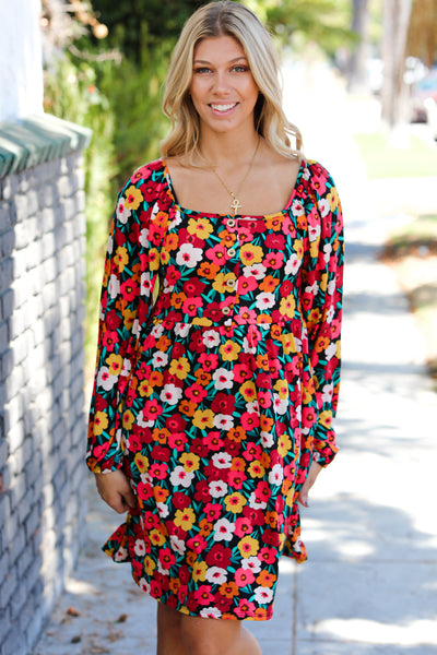 Multicolor Flat Floral Square Neck Button Babydoll Dress