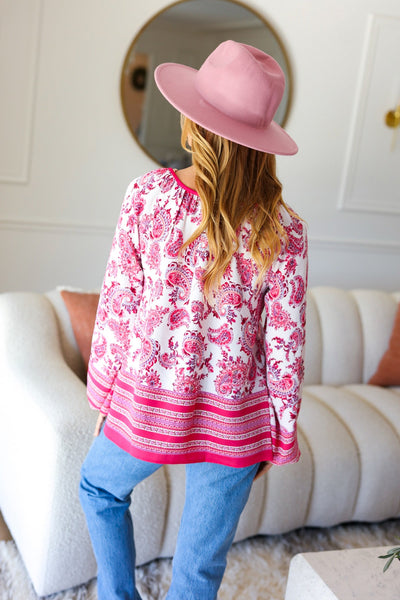 Make A Statement Fuchsia Paisley Boho Front Tie Top