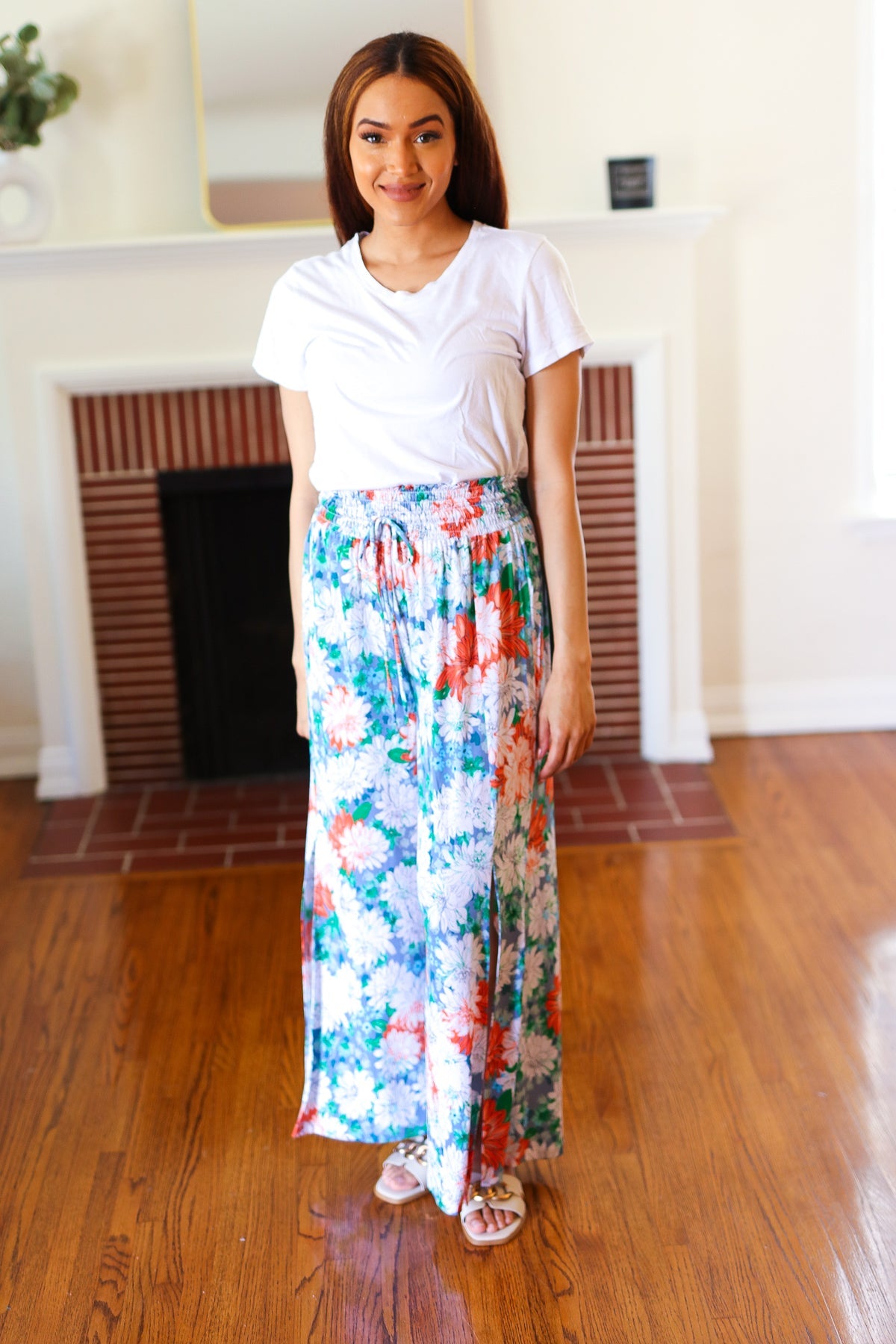 Vacay Vibes Green Floral Smocked Waist Side Slit Palazzo Pants