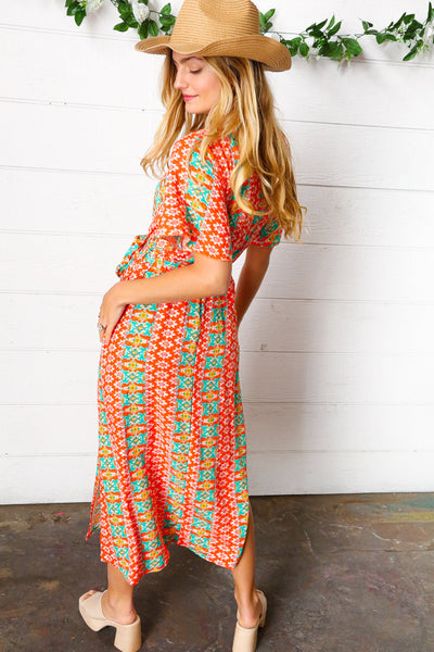 Orange Boho Print Surplice Sash Belt Midi Dress