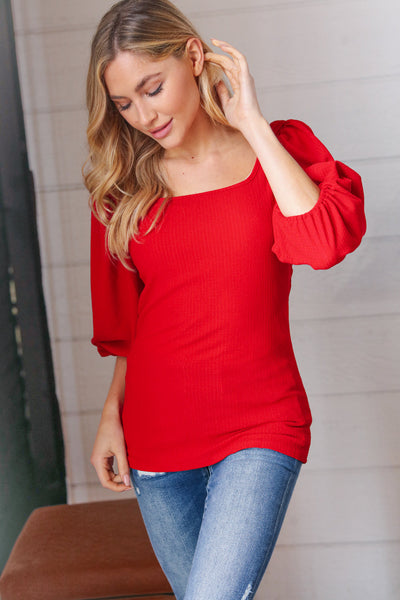 Red Crinkle Bubble Puff Sleeve Blouse