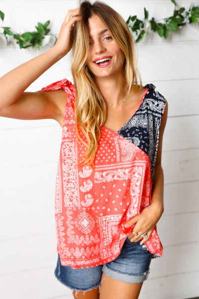 Coral & Navy Paisley Shoulder Tie Top