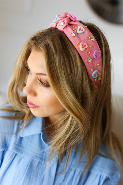 Pink Rhinestone & Candy Hearts Top Knot Headband