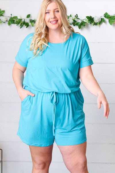 Ice Blue Brushed Knit Elastic Waist Pocketed Romper