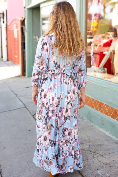 Longing For You Powder Blue Floral V Neck Ruffle Maxi Dress