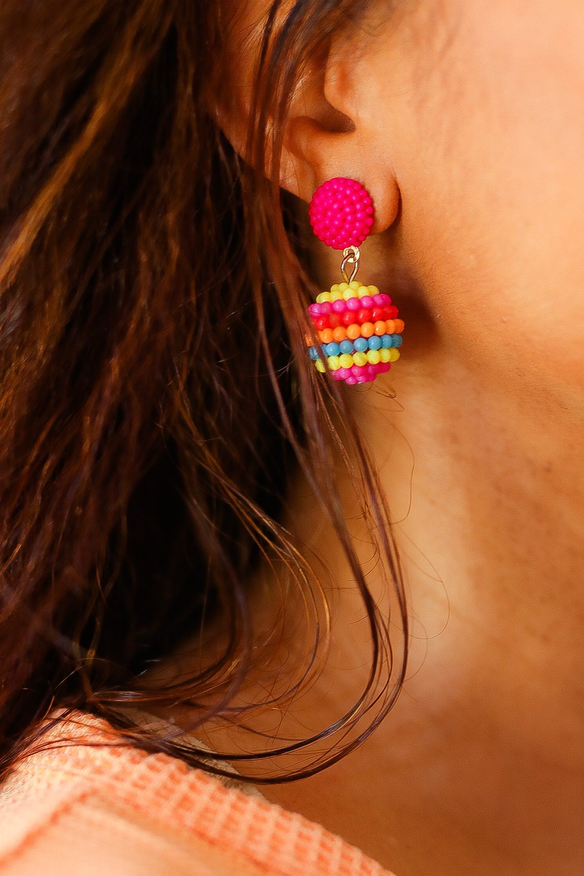 Magenta Beaded Sphere Drop Earrings