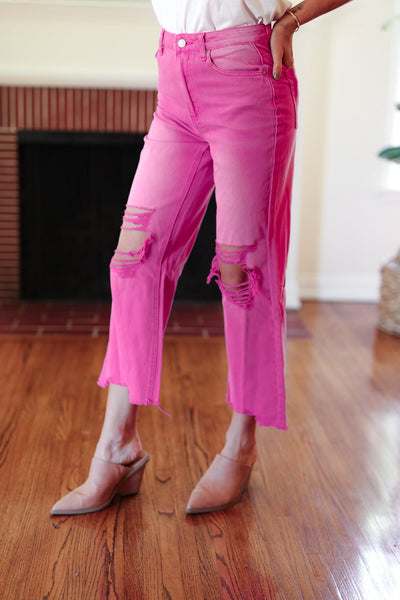 Cut Loose Hot Pink High Rise Washed Distressed Hem & Knee Cropped Pants