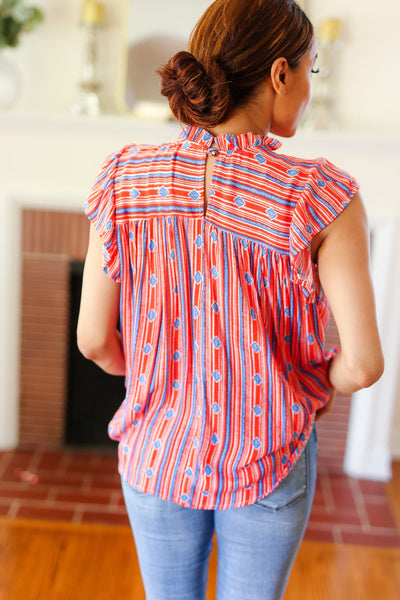 Red & Blue Boho Stripe Flutter Sleeve Top