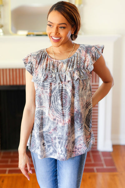 Everyday Gray & Coral Tie Dye Frilled Short Sleeve Yoke Top