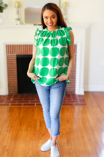 Green Polka-Dot Mock Neck Ruffle Sleeve Top