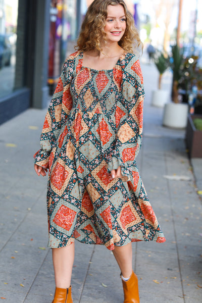 Rust & Teal Boho Smocked Woven Midi Dress