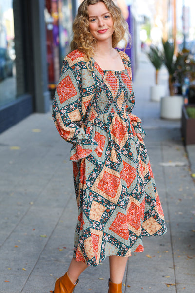 Rust & Teal Boho Smocked Woven Midi Dress