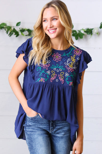 Navy Floral Embroidered Flutter Sleeve Top