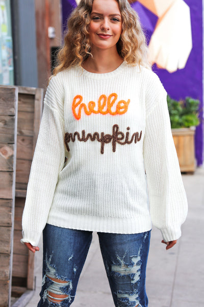 Cream Embroidered Neon "Hello Pumpkin" Chunky Sweater