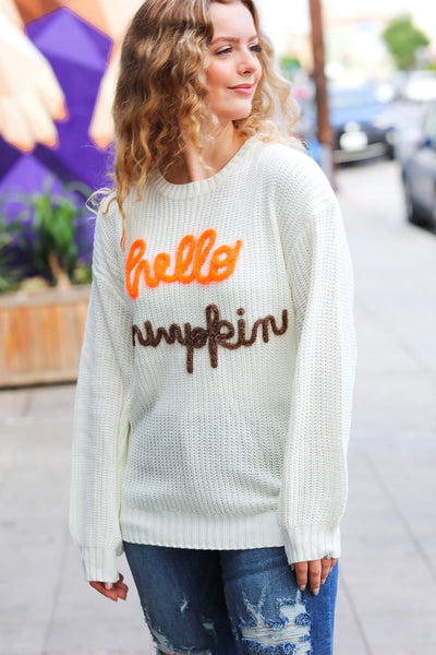 Cream Embroidered Neon "Hello Pumpkin" Chunky Sweater