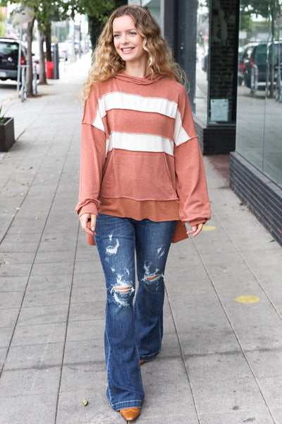 Feeling Playful Rust Stripe Color Block French Terry Hoodie