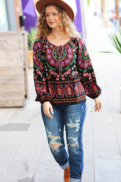 Take The Leap Black & Mauve Border Print Boho Tie Top