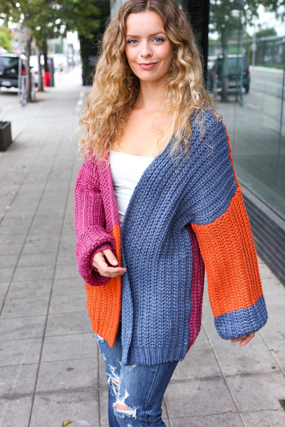 Dazzle In Magenta & Navy Chunky Knit Color Block Cardigan