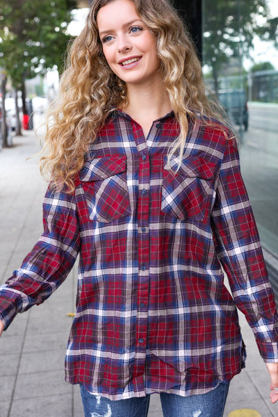 Make a Move Cabernet Plaid Button Down Long Sleeve Top