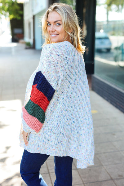 Weekend Ready Ivory Multicolor Mixed Thread Bubble Sleeve Cardigan