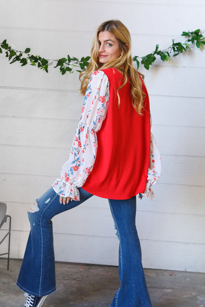 Red Chiffon Foiled Floral Thread Ruffle Sleeve Blouse