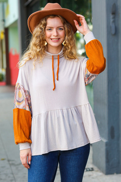 Taupe & Rust Turtleneck Babydoll Terry Top