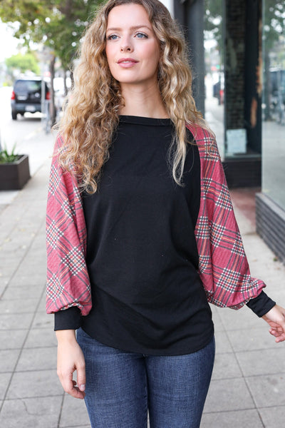 You Got This Burgundy Plaid Dolman Round Neck Top