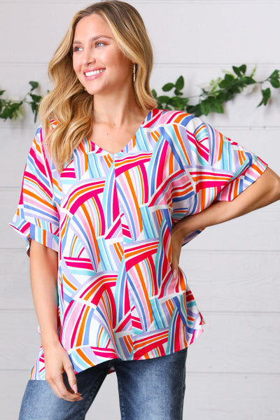 Blue & Fuchsia Geometric Print Woven Top