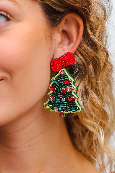 Christmas Tree Beaded & Rhinestone Dangle Earrings